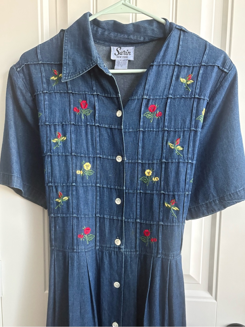 Vintage Sarin Embroidered Button-Front Denim Midi Dress - Blue - Picture 4 of 5